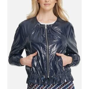 DKNY Bomber Jacket Glossy Collarless Navy Blue Medium